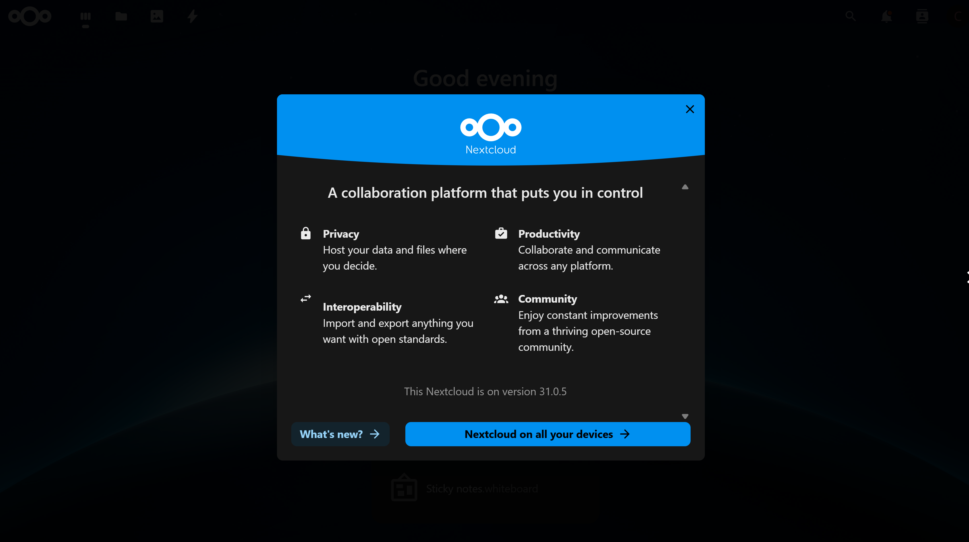 Successful login screen